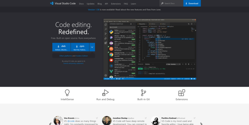 Free and open source code editor Visual Studio Code